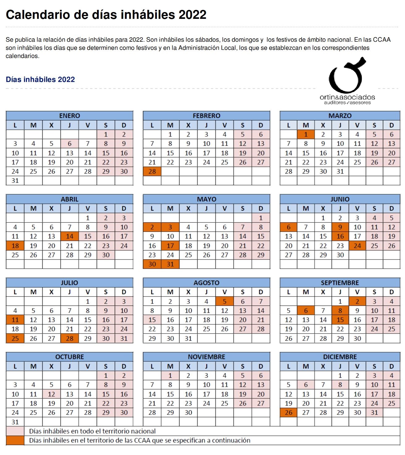 Calendario de días inhábiles 2022 Ortín y Asociados
